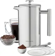 Stainless Steel Double Wall Cafetiere Coffee Maker Plunger, Measuring Spoon - 1l