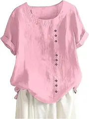 [Generic] Womens Long Sleeve Tees T Shirt Boho Tanic Size Tops Womens Linen Loose Daily Blouse Plus Button Casual Women's Blouse Hiking Shirts Women (Pink-1, XXXXXL)