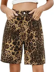 [KAOBIO] Women's Leopard Graphic Denim Shorts High Waisted Summer Baggy Jorts Y2k Trendy Knee Length Loose Fit Long Shorts