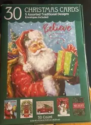 30 Christmas Cards/Envelopes NEW Five Assorted Traditional Designs Snowman Santa