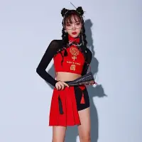 在飛比找Yahoo!奇摩拍賣優惠-年會表演服 紅色打鼓服 新年造型服  中國風爵士舞蹈服套裝性