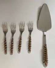 Beaded & Wire Wrapped Set Cake Slicer Server + 4 Cake Dessert App Forks NEW