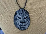 Lion Face Head Pendant Necklace Metal Enameled Baked Signed One Of A Kind