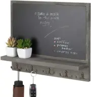 Wall-Mounted Gray Wood Chalkboard Wall Decor with Display Ledge and 10 Key Hooks