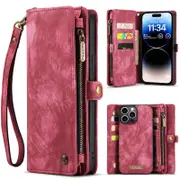 CaseMe For Apple iPhone 15 Pro Zipper & Detachable Retro Leather Pouch Wallet Flip Purse Bag Detachable Phone Case Cover (Red)