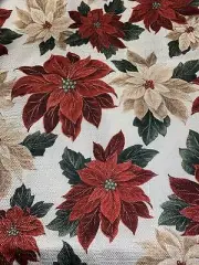 St Nicholas Square Christmas Poinsettas Tablecloth White Red Green 70" Round NEW