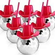 Noamus 6 Packs Disco Ball Cup Pink Straws, 22 OZ Flash Ball Party Cups with Cowboy Hat Lid, Silver Glitter Cocktail Spherical Cup, Wine Drinking Glass Syrup Tea Bottle for Bar Nightclub Supplies