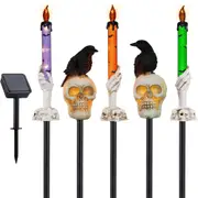 Halloween Outdoor Decoration Solar Lights, Skull Candle Lights with Black Crow, Halloween Decor for Lawn Yard Garden