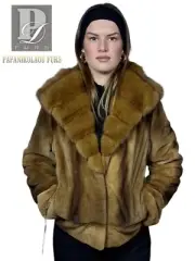 real fur trimmed mink demi buff short jacket with hood of sable