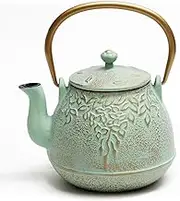 Japanese Teapot with Stainless Steel Infuser, Cast Iron Tea Kettle Stovetop Safe, Leaf Design Coated with Enameled Interior for 30 Ounce (900 ml), Light Green