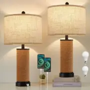 Set of 2 Rattan Table Lamps for Living Room with USB C+A Ports, 3 Color Tempe...