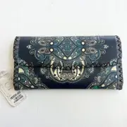 New OLE Bohemian Stitched Edges Front Flap Clutch Wallet Blue Snap Closure