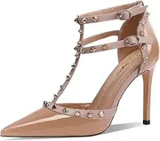 [Qunvngutui] Womens Pointed Toe T-Trap Ankle Trap Hollow Buckle 3.9IN Stiletto High Heels Rivets Banquets Parties Dressy Sexy Closed Toe Pums