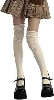 [Oxtxuzdm] Women Ribbed Knitted Thigh High Boot Socks Winter Fall Solid Color Ruched Slouch Top Over Knee Long Stockings Hosiery