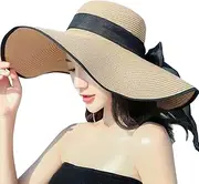 [ericotry] Womens Ridge Wide Floppy Brim Summer Hat Large Brimmed Garden Beach Sun Hat Big Summer Sun Hat Straw Cap Party Garden Travel (Khaki)