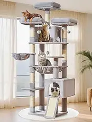 Taoqimiao 76-Inch Cat Tree with Scratching Posts,XXL Cat Tower for Large Cats with Cat Scratching Board,Extra-Large Metal Hammock,3 Perches, 2 Bige Condos, Hanging Basket,MS047W,Light Gray
