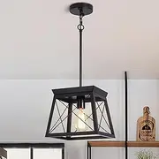 Ganeed Farmhouse Pendant Light Metal Cage with Wooden Finish,1-Light Rustic Lantern Chandelier,Adjustable Height Hanging Light Fixture for Kitchen Island Dining Room Bedroom Foyer (Black)