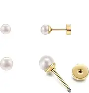 [HOMEYU] Tiny Pearl Flat Back Stud Earrings, Cartilage Helix Piercing Jewelry 14k Gold, Screw Back Earrings 316L Surgical Steel for Women Hypoallergenic Earrings Studs