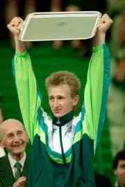Petr Korda of Czechoslovakia lifts the Runner-Up trophy after bein- Old Photo