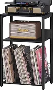 [LELELINKY] Black End Table, Small Side Table with Metal Frame,Modern Record Player Stand with Storage Shelf, Wood 3 Tier Sofa Bedside Tables, Narrow Nightstand for Living Room Bedroom Office