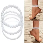 Bohemian Pearls Anklets Women Layered Beaded Ankles Bracelet Elastic Foot Chain
