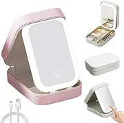 LED Three-Color Adjustable Makeup Mirror, Three Colors Brightness Adjustable Rechargeable Makeup Mirror with Lights, Travel Makeup Bag with Led Mirror, Led Vanity Mirror Jewelry Box (Pink)