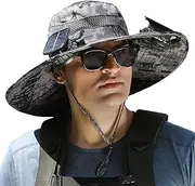 [Generic] Outdoor Wide Brim Sun Hat, Solar Fan Hat, Sun Bucket Hat with Fan Built in, Breathable Wide Brim Sun Hat, Summer UV Hiking Camping Fishing Hat
