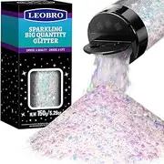 LEOBRO Holographic White Chunky Glitter, 150G/5.29OZ Craft Glitter for Resin, Iridescent Mixed Chunky Fine Glitter Sequins Flakes, DIY Crafts Tumblers Painting, Body Nail Glitter, Christmas Decoration