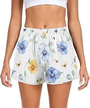 [FRODOTGV] Cute Blue Pansy Athletic Shorts for Women with Pockets Running Shorts for Outdoor Indoor Fitness Work Out S