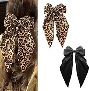 Vintage Leopard Hair Bows for Women Girls Black Bowknot Hair Clips with Long Tail Bow Ribbon Hair Clip for Curly Short Hair Barrettes for Fine Thick Hair Leopard Costume Accessories Outfit 2 Pcs