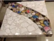 36" White Agate Table Top, Mixed Agate Square Table, Conference Room Decor