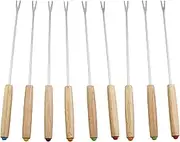 MDXing 9pcs Stainless Steel Fondue Fork Oak Handle Cheese Fondue Stick Heat Resistant Handle Chocolate Fountain Fork