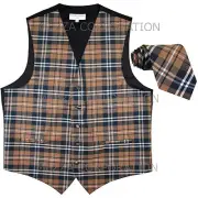 New Vesuvio Napoli Men plaid Tuxedo Vest Waistcoat_Necktie Brown wedding formal