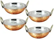 Aakrati Stores ® Set of 4, Indian Copper Serveware Karahi Vegetable Dinner Bowl with Solid Brass Handle for Indian Food, Diameter- 13 cm (5.2 Inches)