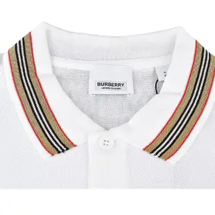 【BURBERRY 巴寶莉】BURBERRY黑色刺繡LOGO條紋設計純棉短袖POLO衫(S/M/L/白)