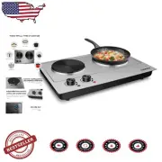 1800W Stainless Steel Electric Double Hot Plate - Portable Dual Burner Cooktop