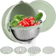 Colander with Mixing Bowl Set, Stainless Steel Kitchen Colander Set with 3 Thread Graters, 360°Rotating Food Strainers, Salad Spinner, Pasta Strainer, Rice Cleaner Vegetable Washing Basket (Green)