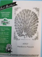 AUNT MARTHA'S IRON-ON TRANSFERS #3937 HANDSOME PEACOCK- NEW, UNOPENED.