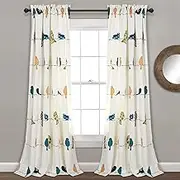 Lush Decor Rowley Birds Light Filtering Window Curtain Panels, Pair, 52" W x 84" L, Multi - Colorful Floral Print - Whimsical & Playful Bird Curtains for Bedroom, Living Room, Or Dining Room