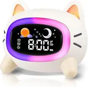 QingHong Kids Alarm Clock Wake Up Light for Kids, Toddlers Night Light Clock for Bedroom, Cat Alarm Clock with Sleep Training and Sound Machine for Boy Girls Children