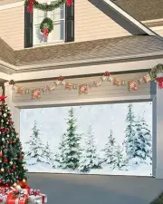 Christmas Garage Door Banner 7x16ft, Winter Pine Tree Forest 84x192 Inch Blue