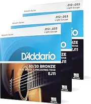 D'Addario Acoustic Guitar Strings - 80/20 Bronze - For 6 String Guitars - Deep, Bright, Projecting Tone - Deep, Bright, Projecting Tone - EJ11-3D - Light, 12-53 - 3-Pack