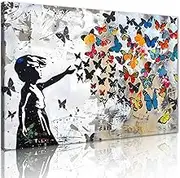 Girl and Butterfly Canvas Wall Art Colorful Graffiti Posters Prints Stretched and Framed Street Culture Art Graffiti Artwork for Living Room Bedroom Decor Ready to Hang - 24x36 inch