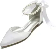 Women Wedding Bridal Shoe Comfort Flat Satin Pearls Shoes Pointed 8.5, Ivory