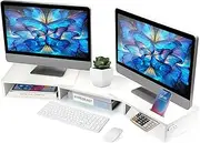 La Jaco Dual Monitor Stand Riser for 2 Monitors, Monitor Stand for Desk, Adjustable Length & Swivel Angle Wooden Desktop Organizer Stand Riser with Smartphone Holder for PC Monitor Laptop, White