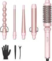 [wavytalk] 5 in 1 Curling Iron,Curling Wand Set with Curling Brush and 4 Interchangeable Ceramic Curling Wand(0.5”-1.25”),Instant Heat Up,Include Heat Protective Glove & 2 Clips (Pink)