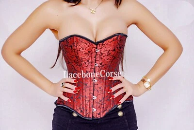 Red Brocade Overbust Steel Boned Waist Trainer Closure Steampunk Gothic corset