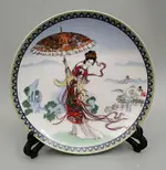 古玩收藏 景德鎮陶瓷器 青花陶瓷器盤子美女打傘 時尚工藝品擺設