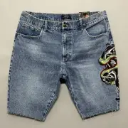 Men’s Ed Hardy Denim Shorts 12" Panther / Snake Embroidered Sz 38 Slim Fit Blue