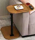 Adjustable Height C Shaped End Table Small Spaces Sofa Side Tray Natural Wood